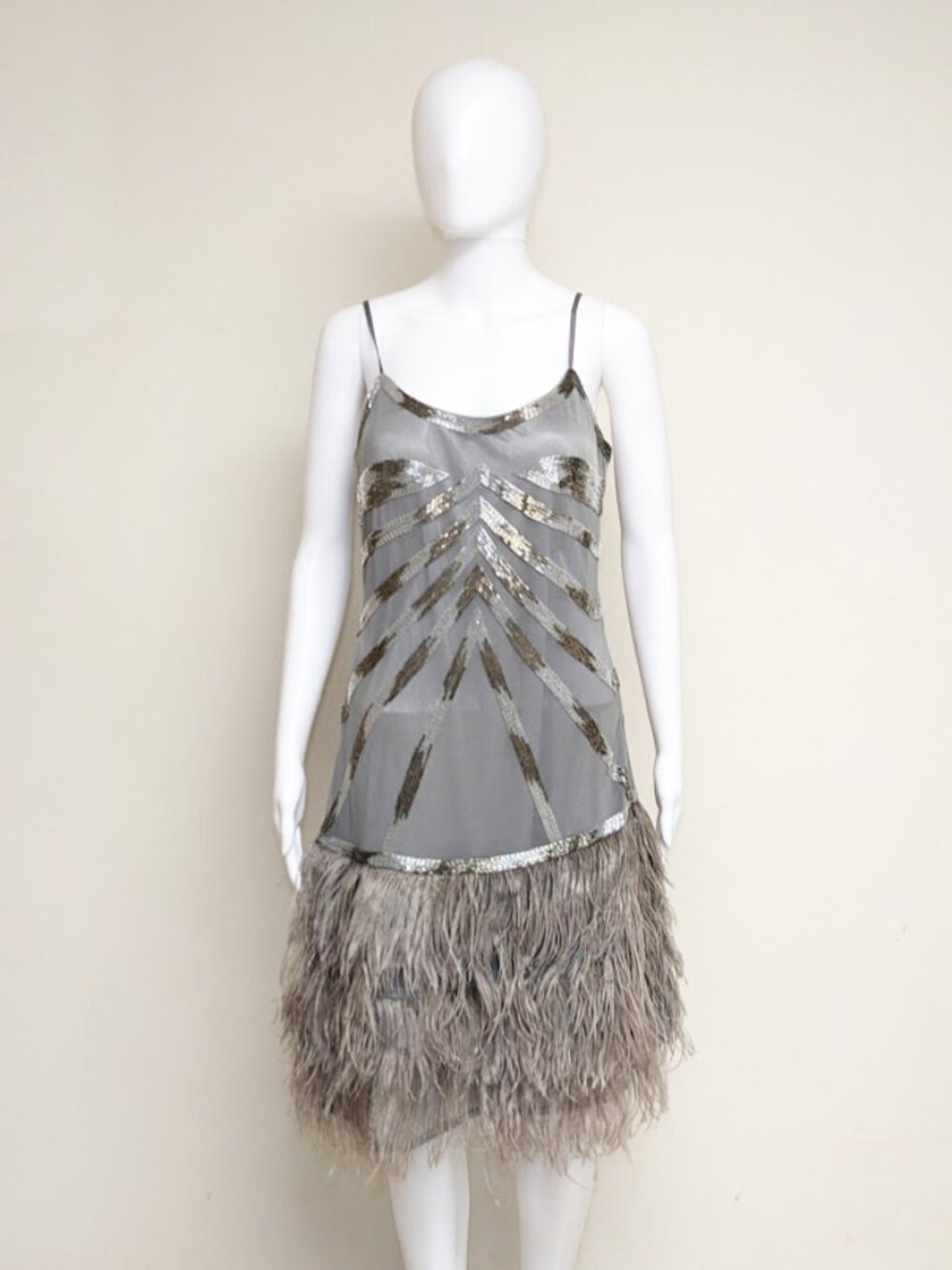 SUE WONG NOCTURNE Stunning Ostrich Feather Flapper Dress